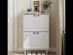 Zapatero con cajones de ratán, patas de madera maciza, MDF, blanco (60x24,1x94 cm)