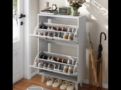 Zapatero con cajones de ratán, patas de madera maciza, MDF, blanco (60x24,1x94 cm)