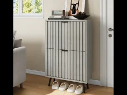 Zapatero con diseño de ranuras, 2 cajones abatibles, MDF, gris (60x24x94 cm)