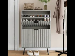 Zapatero con diseño de ranuras, 2 cajones abatibles, MDF, gris (60x24x94 cm)