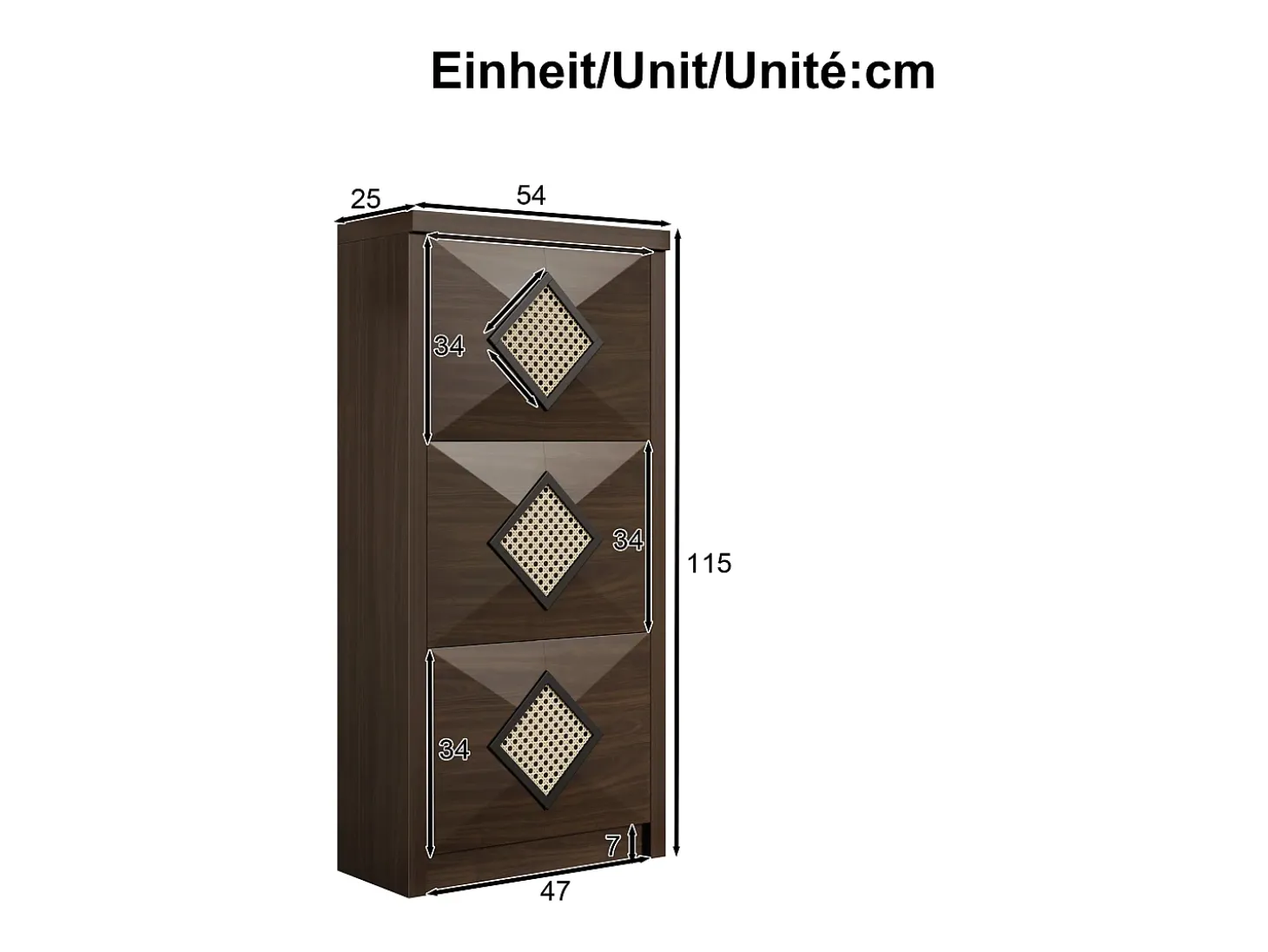 Zapatero con puertas abatibles, decoración de ratán, tableros de partículas, madera oscura (54x25x115cm)