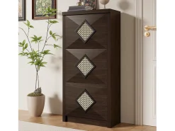 Zapatero con puertas abatibles, decoración de ratán, tableros de partículas, madera oscura (54x25x115cm)