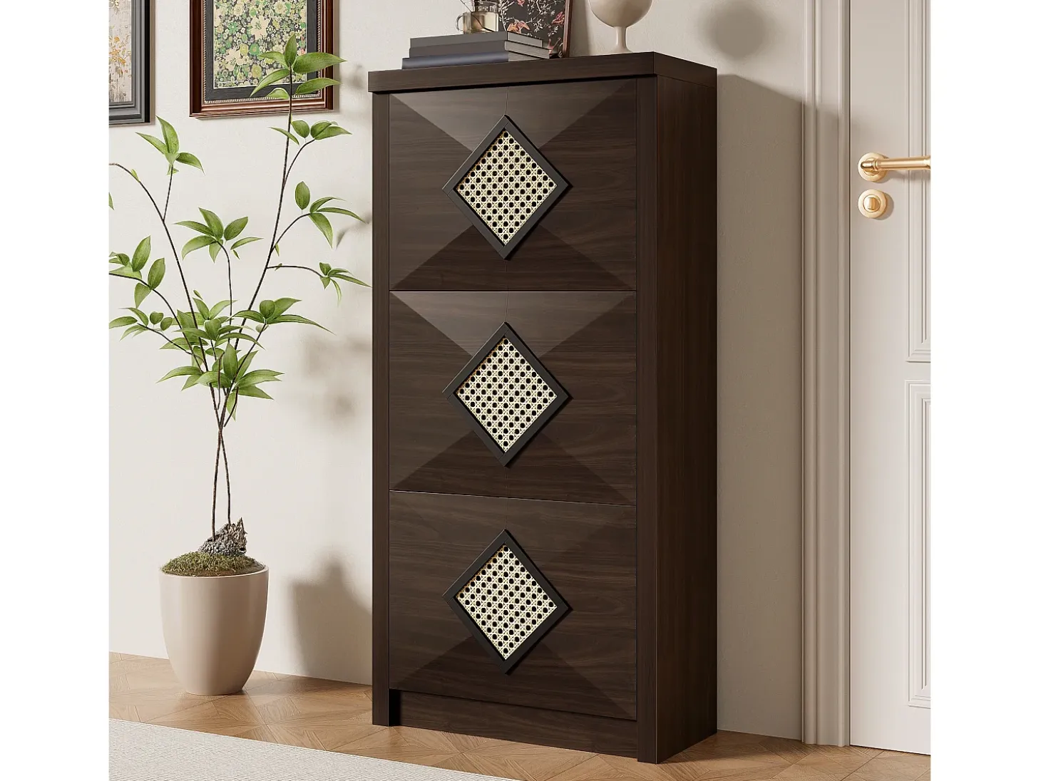 Zapatero con puertas abatibles, decoración de ratán, tableros de partículas, madera oscura (54x25x115cm)