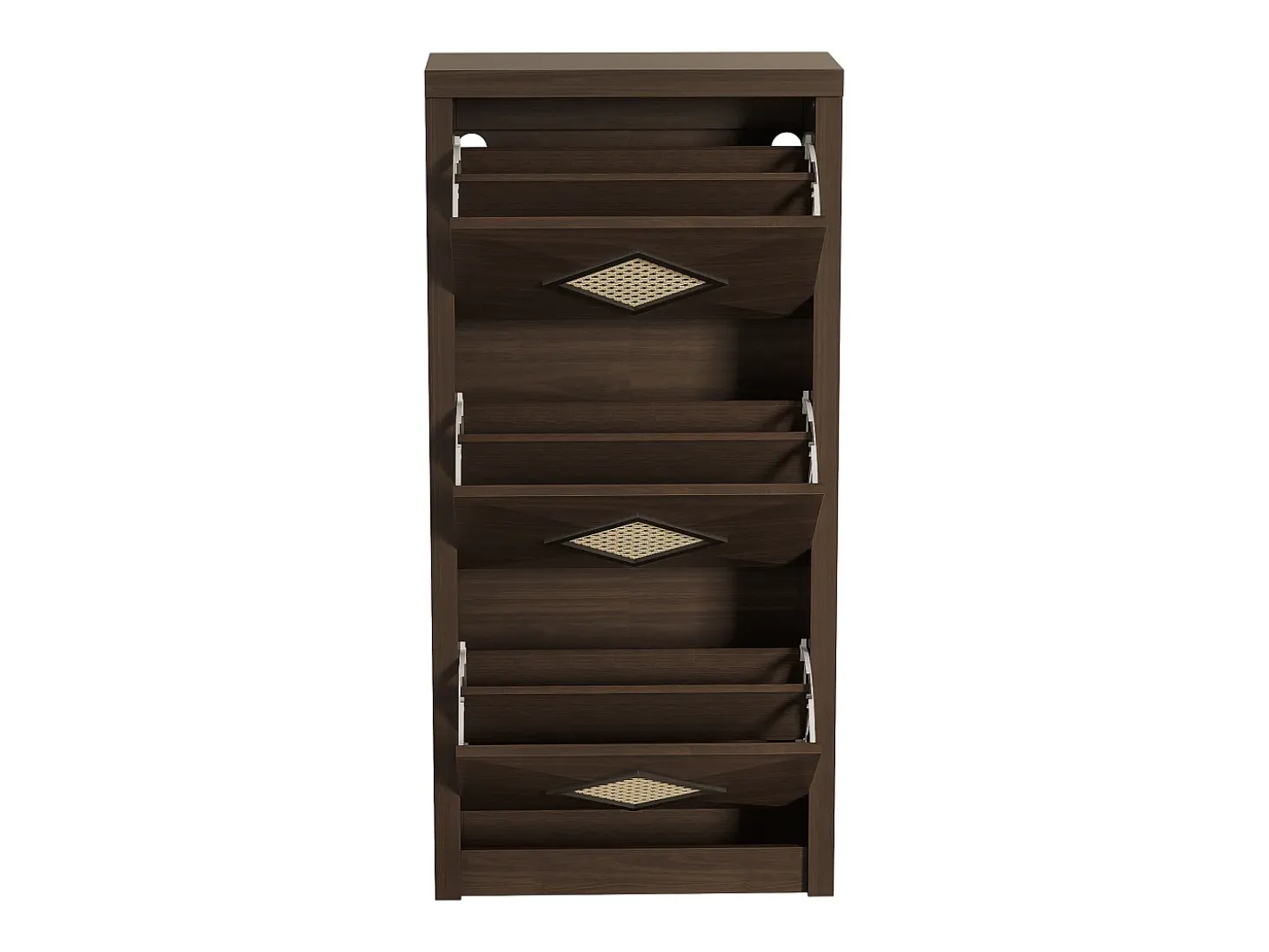 Zapatero con puertas abatibles, decoración de ratán, tableros de partículas, madera oscura (54x25x115cm)