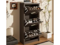 Zapatero con puertas abatibles, decoración de ratán, tableros de partículas, madera oscura (54x25x115cm)