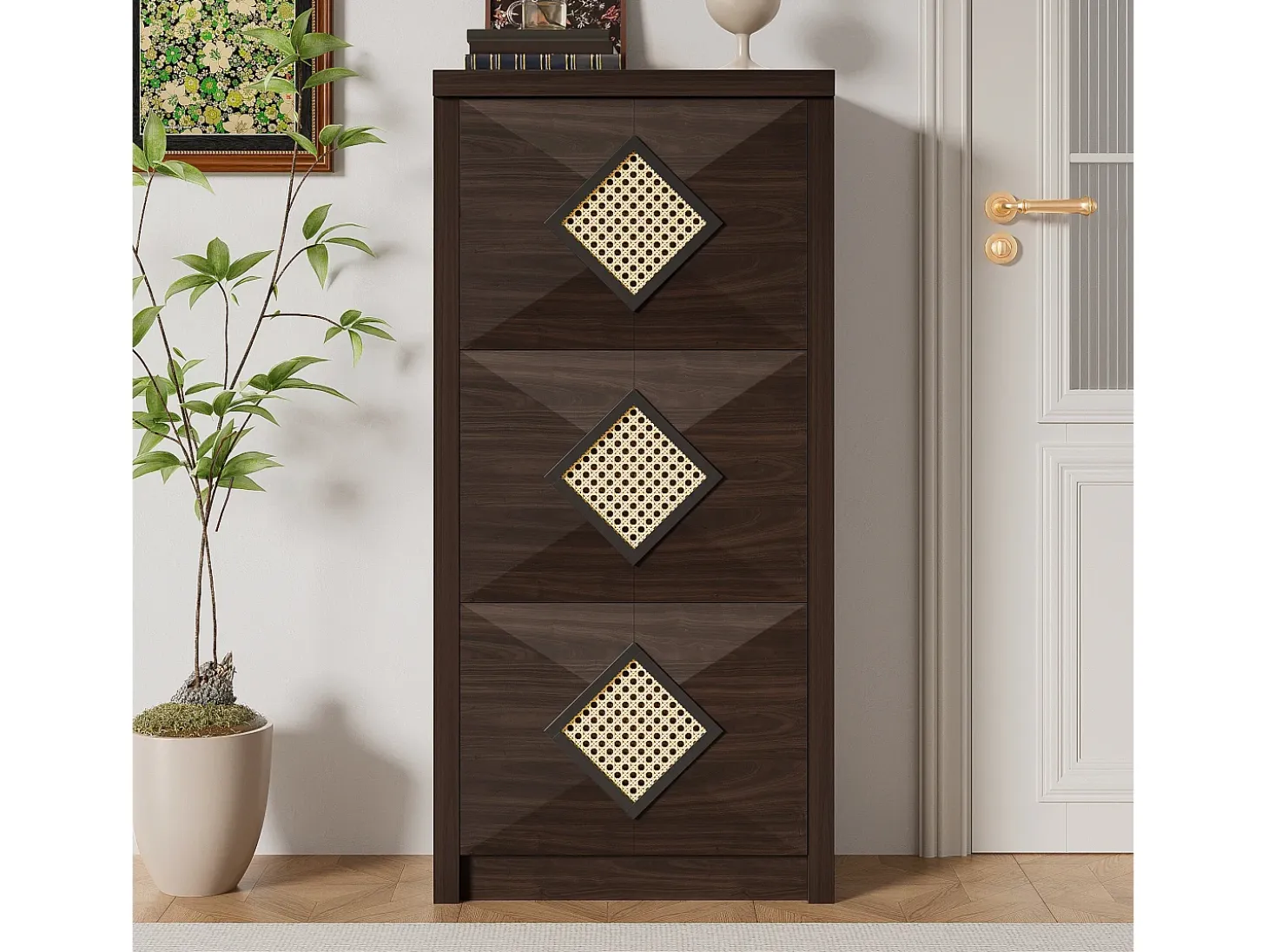 Zapatero con puertas abatibles, decoración de ratán, tableros de partículas, madera oscura (54x25x115cm)