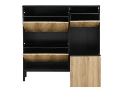 Zapatero con taburete cambiador, 3 estantes abatibles, espacio de almacenamiento abierto, MDF, color negro y madera (100x25x100 cm)