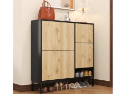 Zapatero con taburete cambiador, 3 estantes abatibles, espacio de almacenamiento abierto, MDF, color negro y madera (100x25x100 cm)