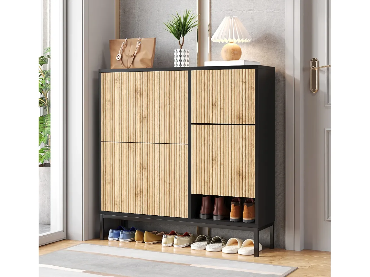 Zapatero con taburete cambiador, 3 estantes abatibles, espacio de almacenamiento abierto, MDF, color negro y madera (100x25x100 cm)