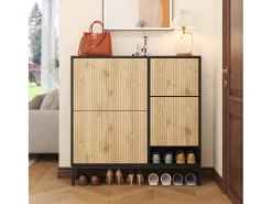 Zapatero con taburete cambiador, 3 estantes abatibles, espacio de almacenamiento abierto, MDF, color negro y madera (100x25x100 cm)