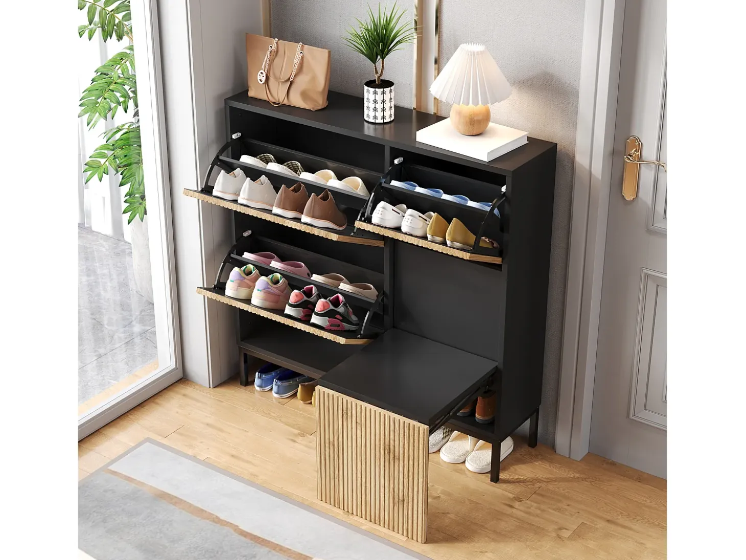Zapatero con taburete cambiador, 3 estantes abatibles, espacio de almacenamiento abierto, MDF, color negro y madera (100x25x100 cm)
