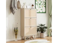 Zapatero de 3 niveles, diseño bohemio con puertas de ratán, MDF, madera natural (60x24x121 cm)