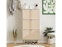 Zapatero de 3 niveles, diseño bohemio con puertas de ratán, MDF, madera natural (60x24x121 cm)