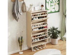 Zapatero de 3 niveles, diseño bohemio con puertas de ratán, MDF, madera natural (60x24x121 cm)