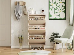 Zapatero de 3 niveles, diseño bohemio con puertas de ratán, MDF, madera natural (60x24x121 cm)