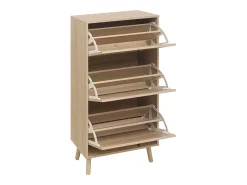 Zapatero de 3 niveles, diseño bohemio con puertas de ratán, MDF, madera natural (60x24x121 cm)
