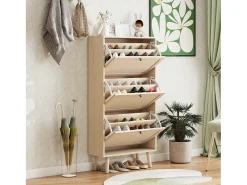 Zapatero de 3 niveles, diseño bohemio con puertas de ratán, MDF, madera natural (60x24x121 cm)