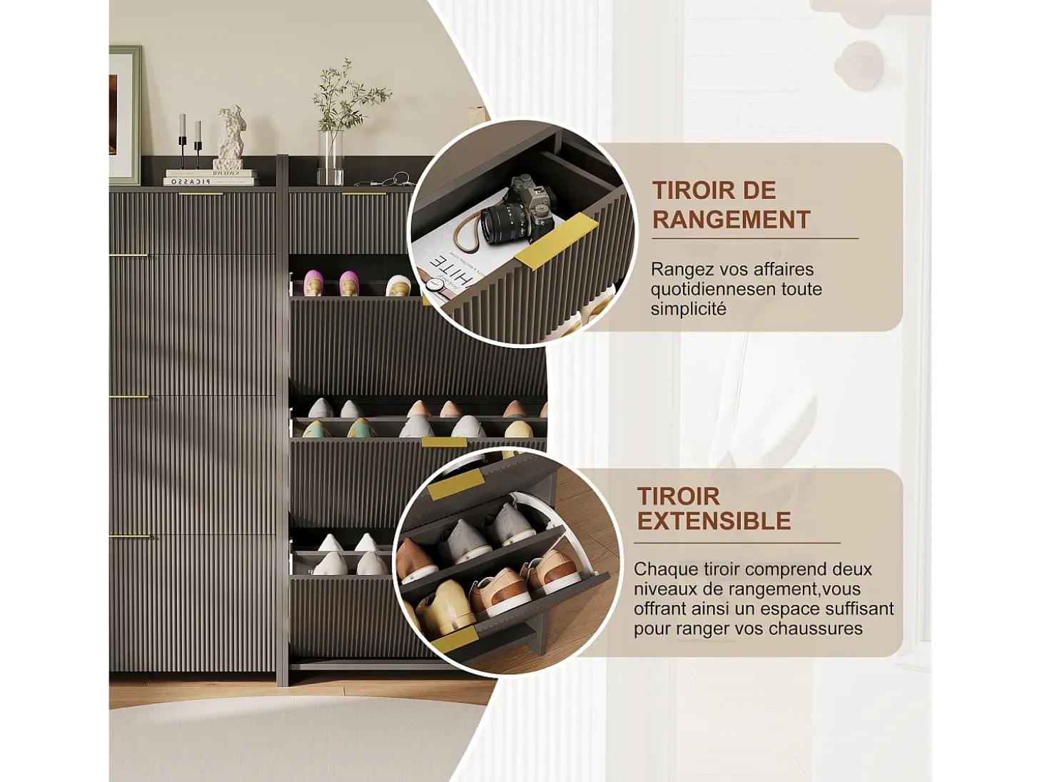 Zapatero de 3 puertas y 2 cajones con estante zapatero inclinable, 77 x 24 x 133,5 cm, negro