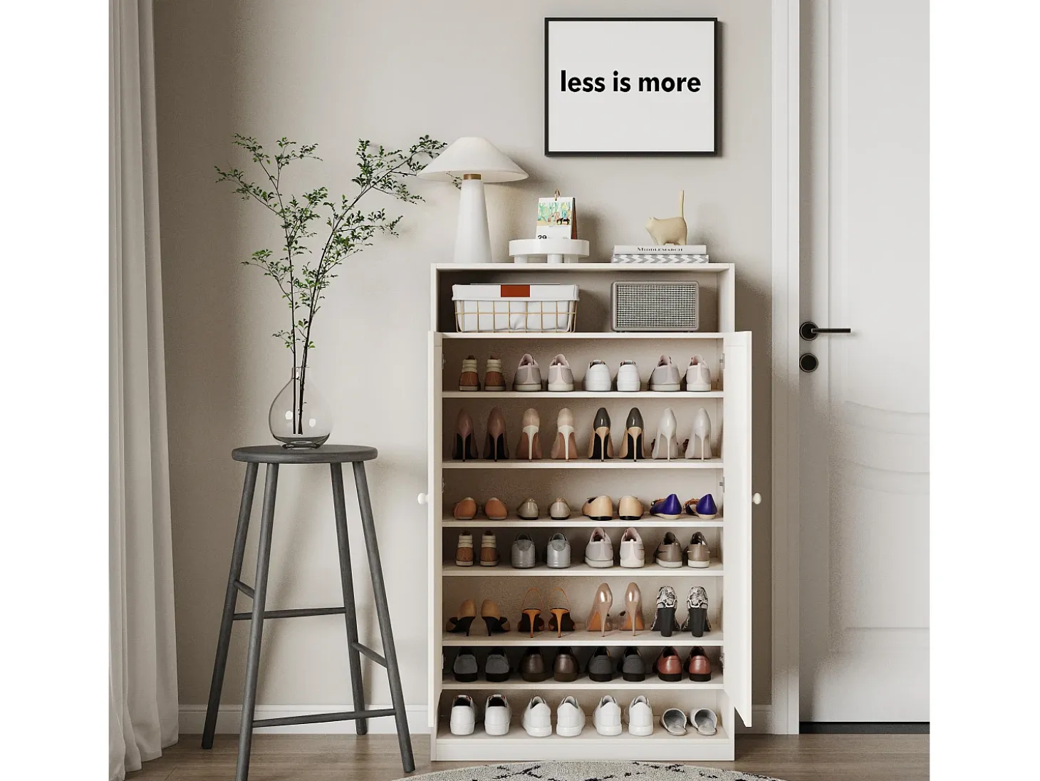 Zapatero de doble puerta, multifunción, 8 compartimentos, MDF, blanco (80 x 40 x 141 cm)