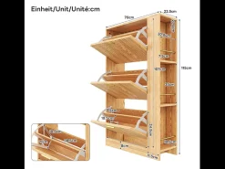 Zapatero de madera - 70 x 23,5 x 11,5 cm - Diseño de 3 puertas + estantes abiertos - MDF - natural