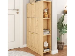 Zapatero de madera - 70 x 23,5 x 11,5 cm - Diseño de 3 puertas + estantes abiertos - MDF - natural