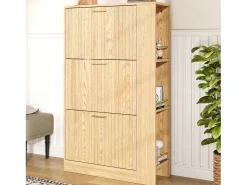 Zapatero de madera - 70 x 23,5 x 11,5 cm - Diseño de 3 puertas + estantes abiertos - MDF - natural