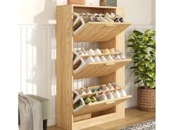 Zapatero de madera - 70 x 23,5 x 11,5 cm - Diseño de 3 puertas + estantes abiertos - MDF - natural