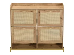 Zapatero de madera con cuatro cajones abatibles, puertas de ratán, dimensiones: 108,5 x 24 x 100 cm