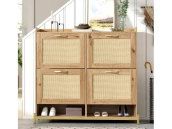 Zapatero de madera con cuatro cajones abatibles, puertas de ratán, dimensiones: 108,5 x 24 x 100 cm