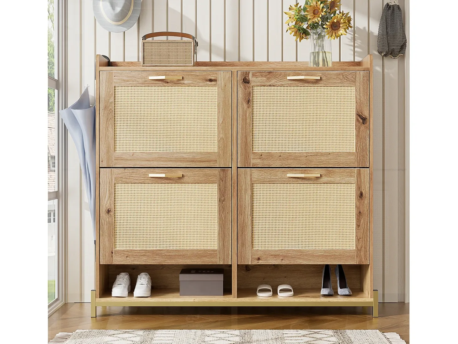Zapatero de madera con puertas de ratán, metal, 4 puertas, (108,5x24x100 cm)