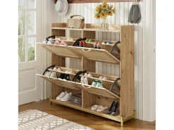 Zapatero de madera con puertas de ratán, metal, 4 puertas, (108,5x24x100 cm)