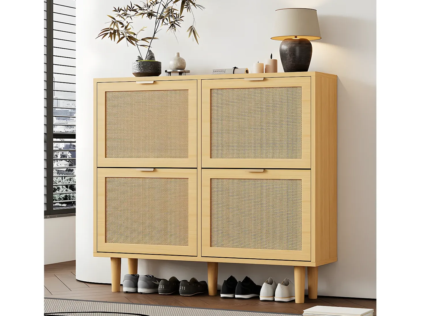 Zapatero de madera y ratán - 4 puertas abatibles - Natural