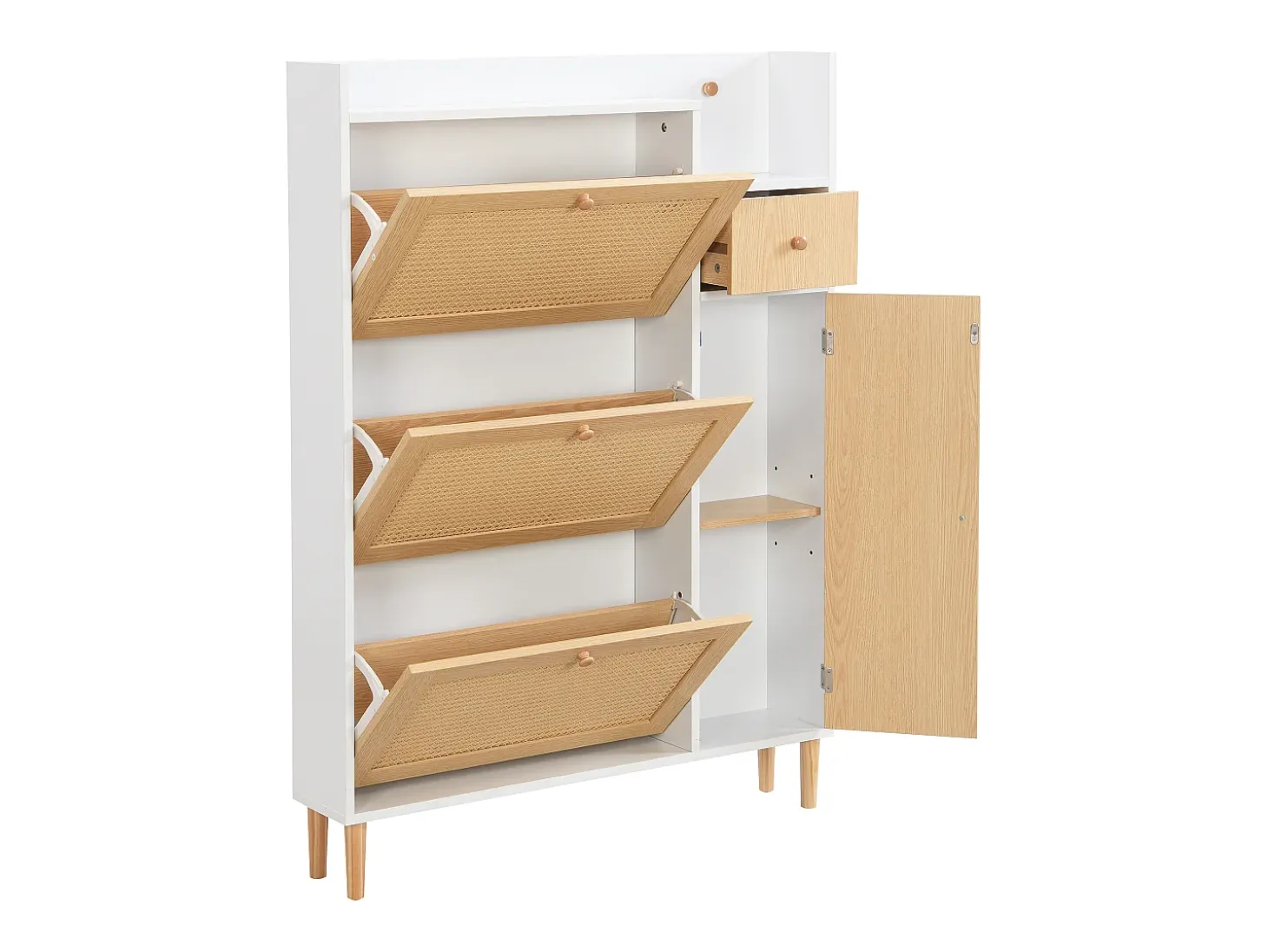 Zapatero de madera y ratán, 3 puertas y 1 cajón, 90x17x125 cm, color natural + blanco