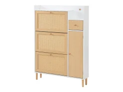 Zapatero de madera y ratán, 3 puertas y 1 cajón, 90x17x125 cm, color natural + blanco