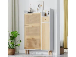 Zapatero de madera y ratán, 3 puertas y 1 cajón, 90x17x125 cm, color natural + blanco