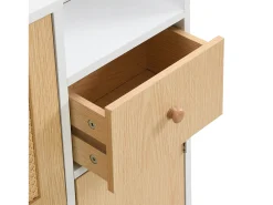 Zapatero de madera y ratán, 3 puertas y 1 cajón, 90x17x125 cm, color natural + blanco