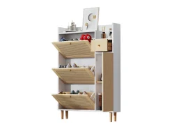 Zapatero de madera y ratán, 3 puertas y 1 cajón, 90x17x125 cm, color natural + blanco