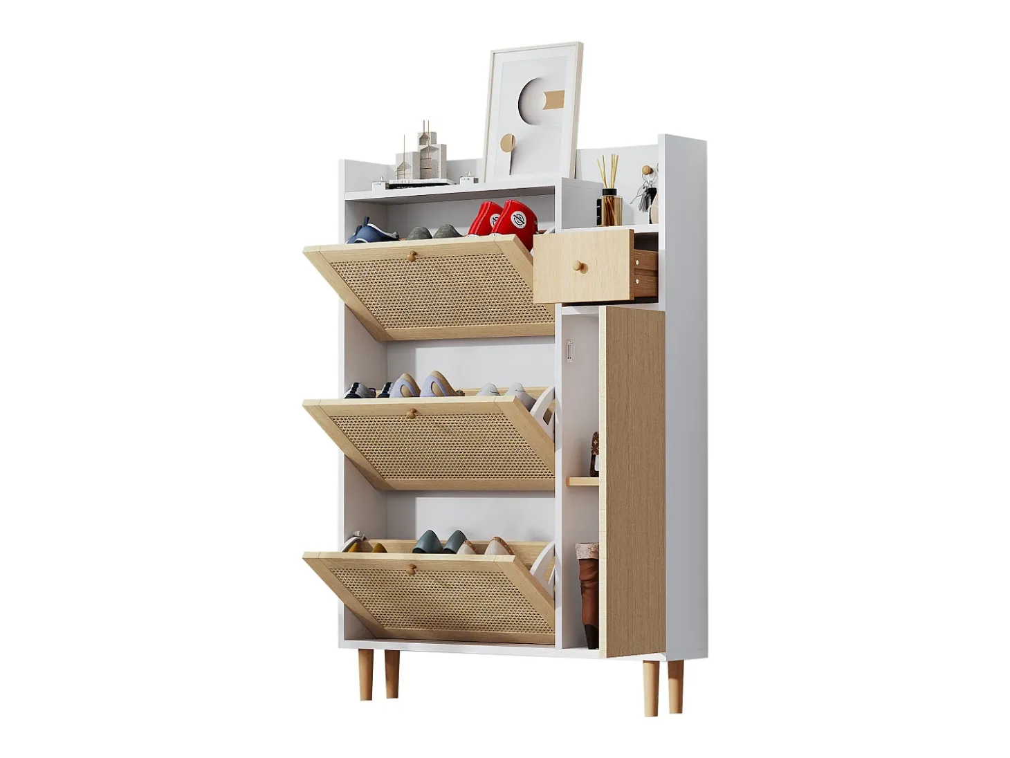 Zapatero de madera y ratán, 3 puertas y 1 cajón, 90x17x125 cm, color natural + blanco