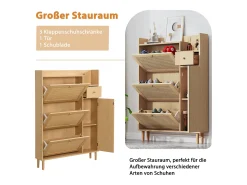 Zapatero de MDF con puertas de ratán, 3 puertas basculantes y 1 cajón, patas y tiradores de madera, color natural (90x17x125 cm)