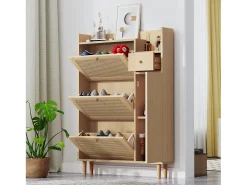 Zapatero de MDF con puertas de ratán, 3 puertas basculantes y 1 cajón, patas y tiradores de madera, color natural (90x17x125 cm)