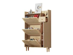 Zapatero de MDF con puertas de ratán, 3 puertas basculantes y 1 cajón, patas y tiradores de madera, color natural (90x17x125 cm)