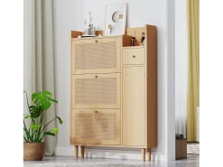 Zapatero de MDF con puertas de ratán, 3 puertas basculantes y 1 cajón, patas y tiradores de madera, color natural (90x17x125 cm)