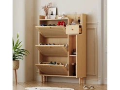 Zapatero de MDF con puertas de ratán, 3 puertas basculantes y 1 cajón, patas y tiradores de madera, color natural (90x17x125 cm)