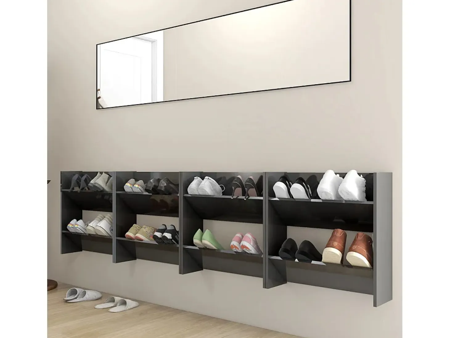 Zapatero de pared de 4 piezas, gris brillante, 60x18x60 cm