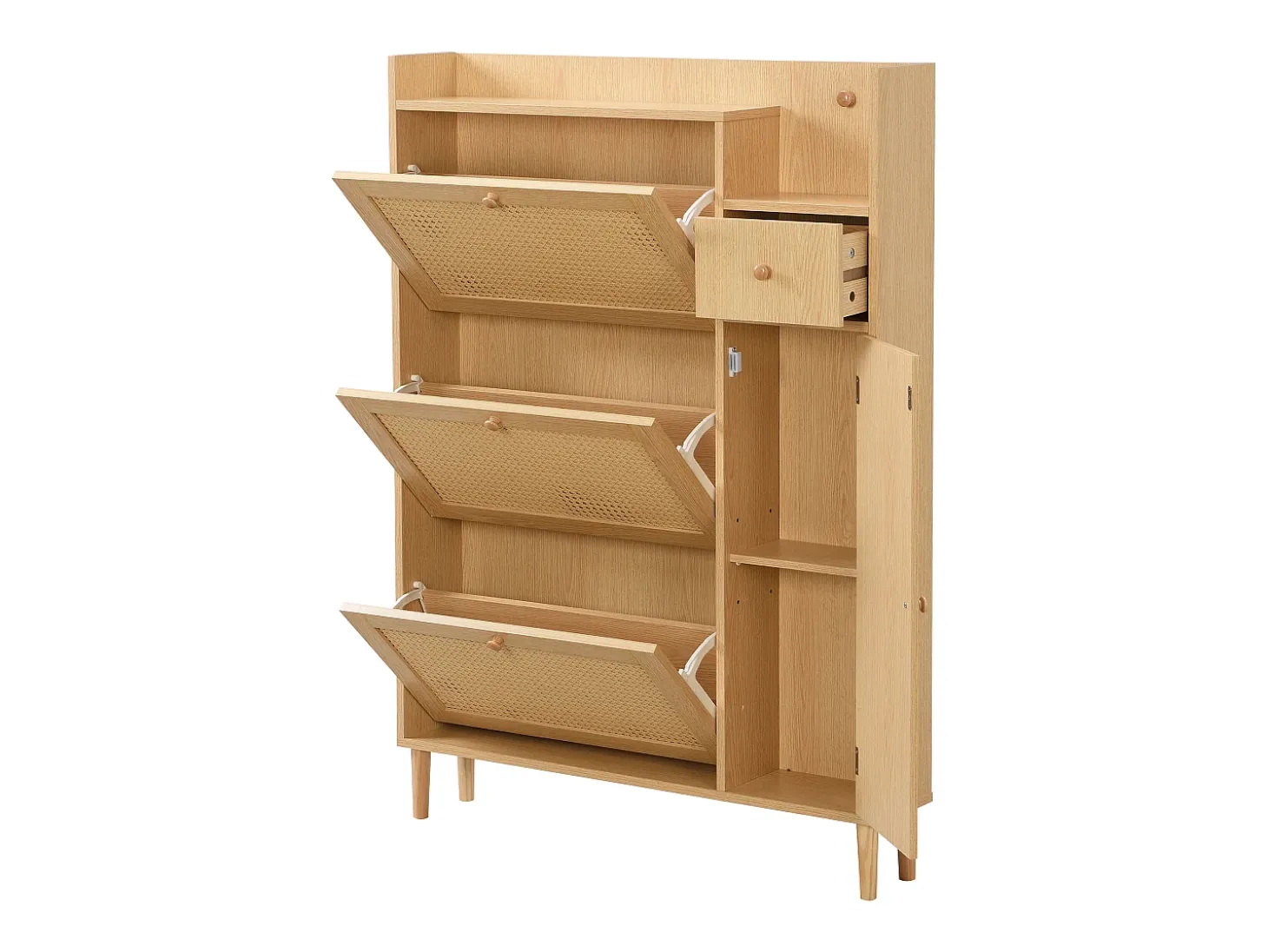 Zapatero de ratán con 4 puertas y 1 cajón, patas y tiradores de madera