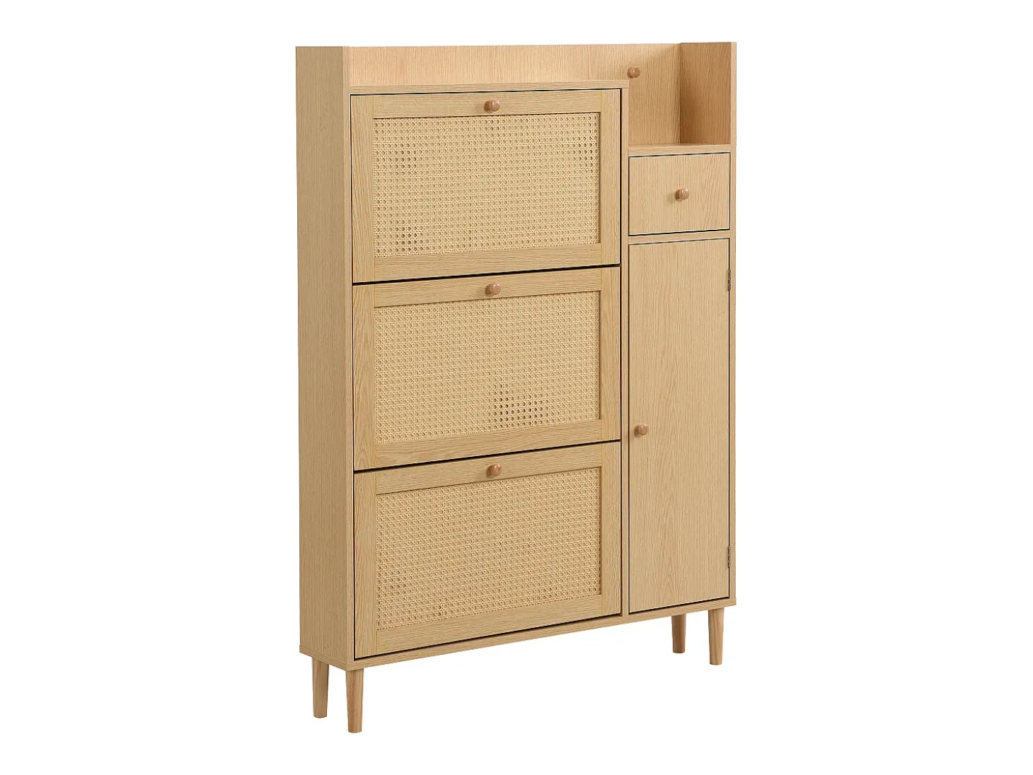 Zapatero de ratán con 4 puertas y 1 cajón, patas y tiradores de madera
