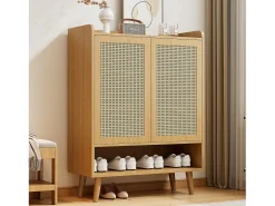 Zapatero de ratán natural - 2 puertas y 5 estantes - madera maciza - roble