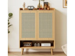 Zapatero de ratán natural - 2 puertas y 5 estantes - madera maciza - roble