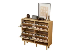 Zapatero de ratán natural, 4 cajones, diseño de madera, con 2 puertas y estantes regulables (100x25x90 cm)