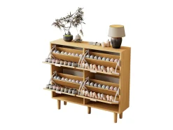 Zapatero de ratán natural, 4 cajones, diseño de madera, con 2 puertas y estantes regulables (100x25x90 cm)